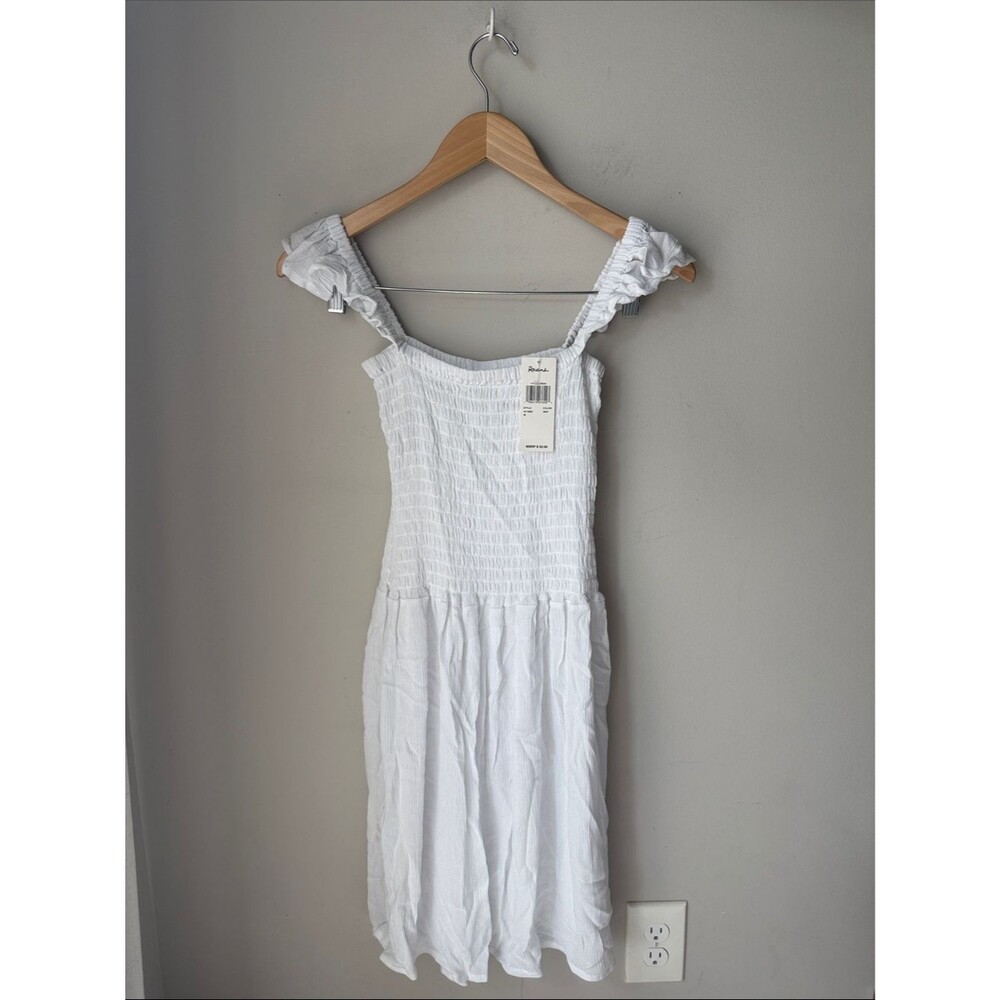 Raisins White Smocked Midi Dress Ruffle Strap Square Neck Cottagecore